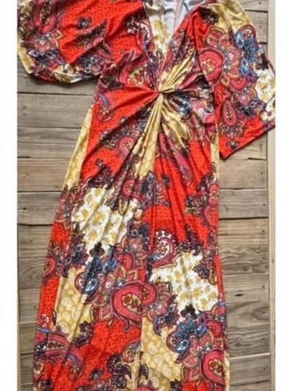 Red & Gold Paisley Twist-Front Maxi Dress